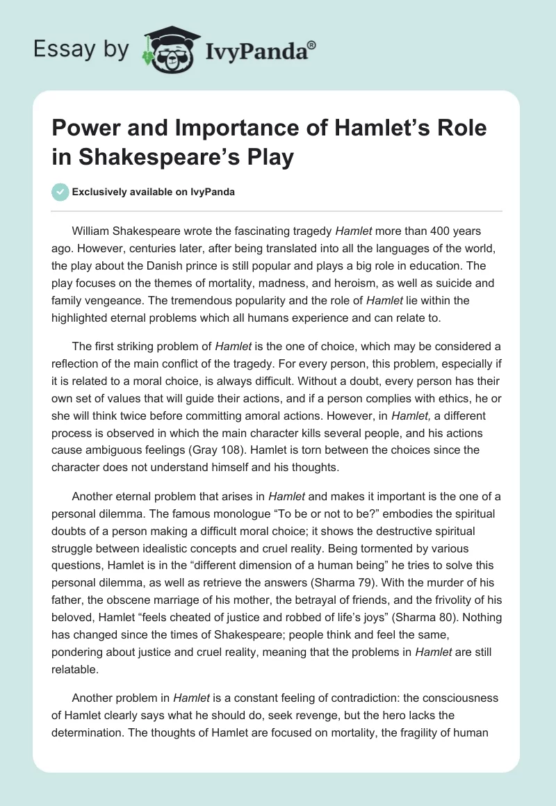 Power and Importance of Hamlet’s Role in Shakespeare’s Play. Page 1