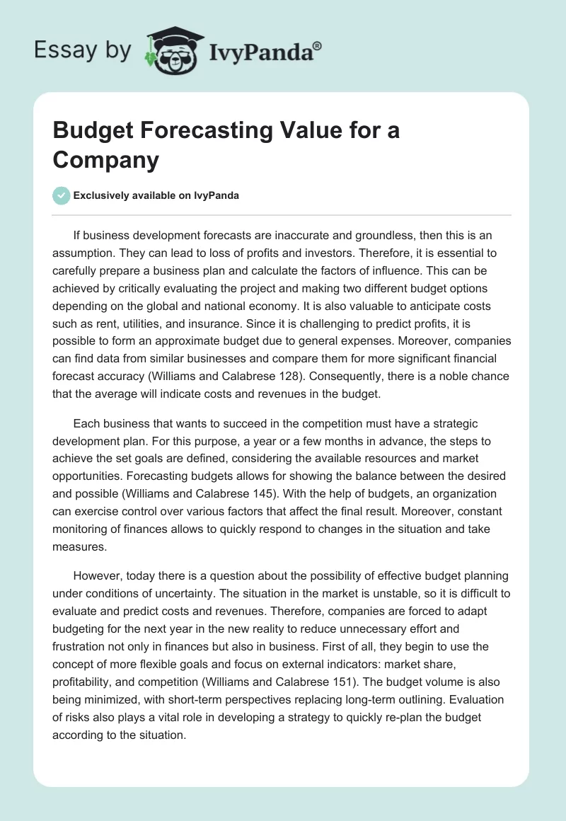 Budget Forecasting Value for a Company. Page 1
