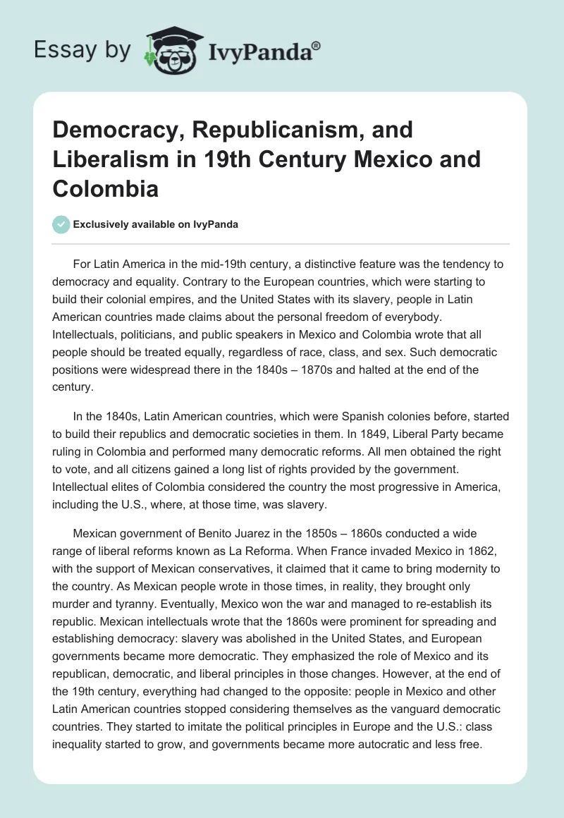 Democracy, Republicanism, and Liberalism in 19th Century Mexico and Colombia. Page 1