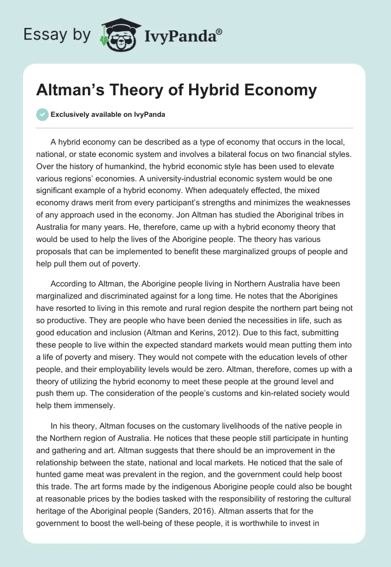 Altman’s Theory of Hybrid Economy. Page 1