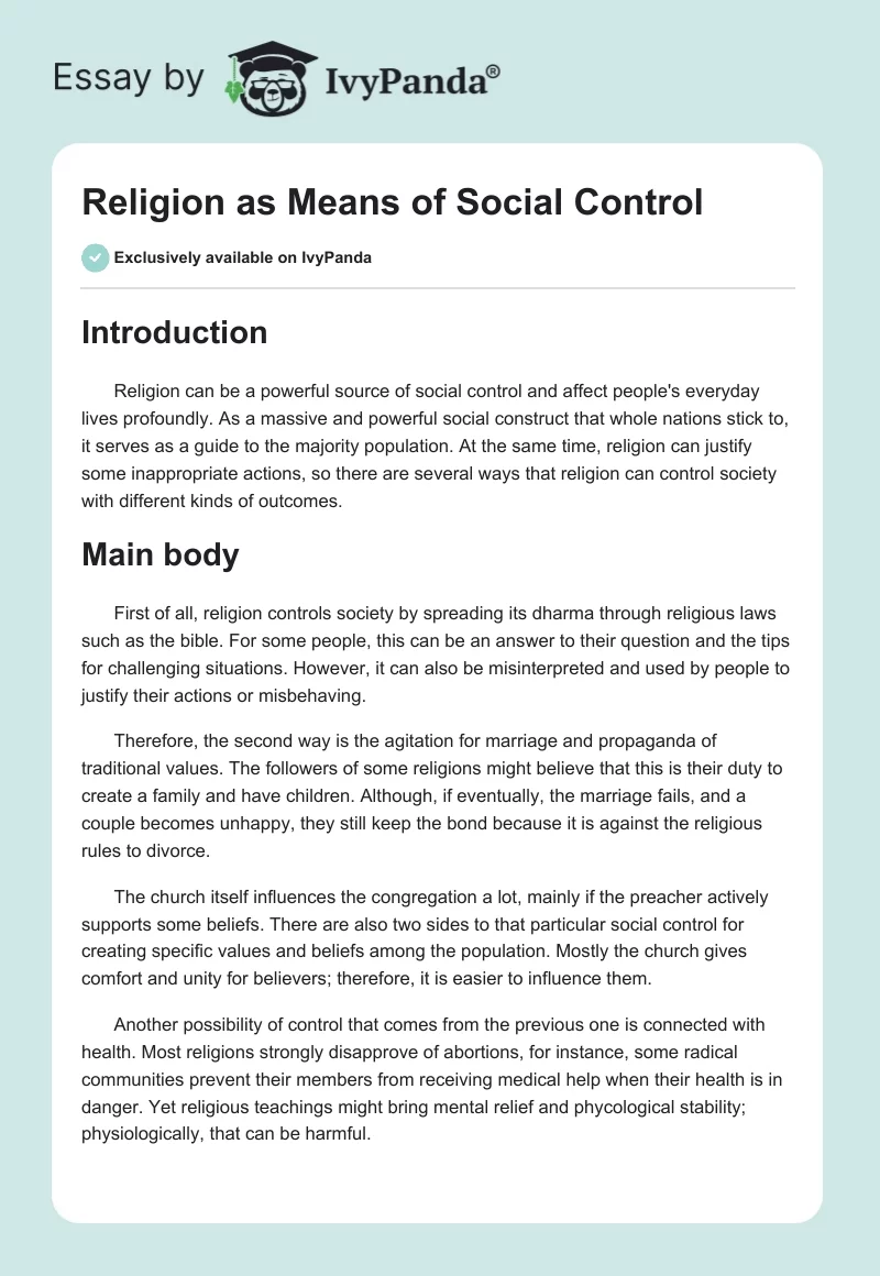 Religion as Means of Social Control. Page 1