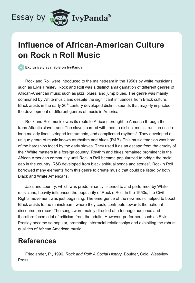 Influence of African-American Culture on Rock n Roll Music. Page 1