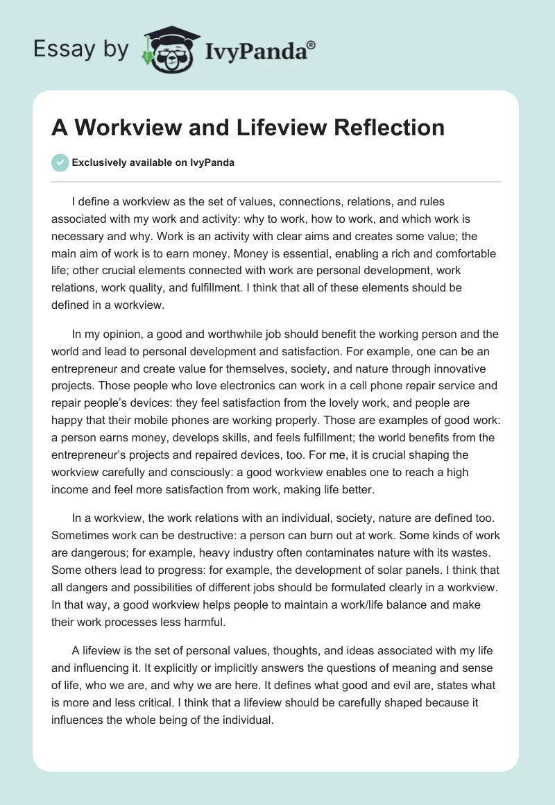 A Workview and Lifeview Reflection. Page 1