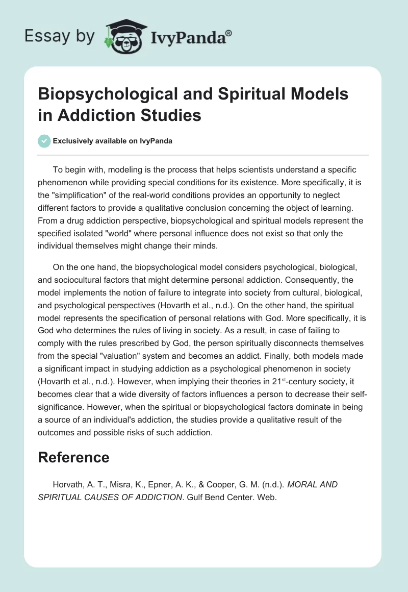 Biopsychological and Spiritual Models in Addiction Studies. Page 1