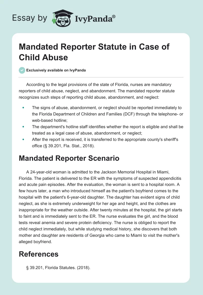 Mandated Reporter Statute in Case of Child Abuse. Page 1