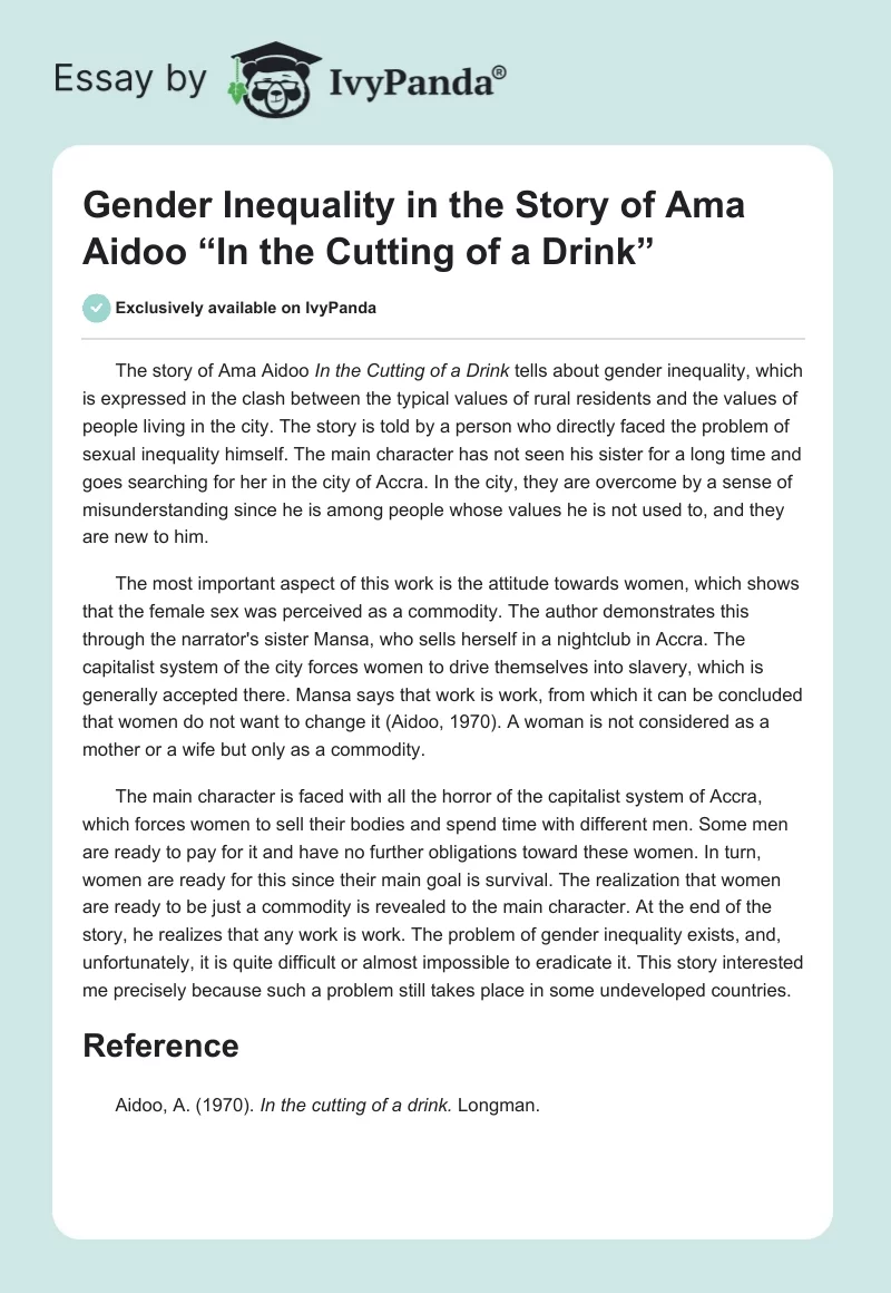 Gender Inequality in the Story of Ama Aidoo “In the Cutting of a Drink”. Page 1
