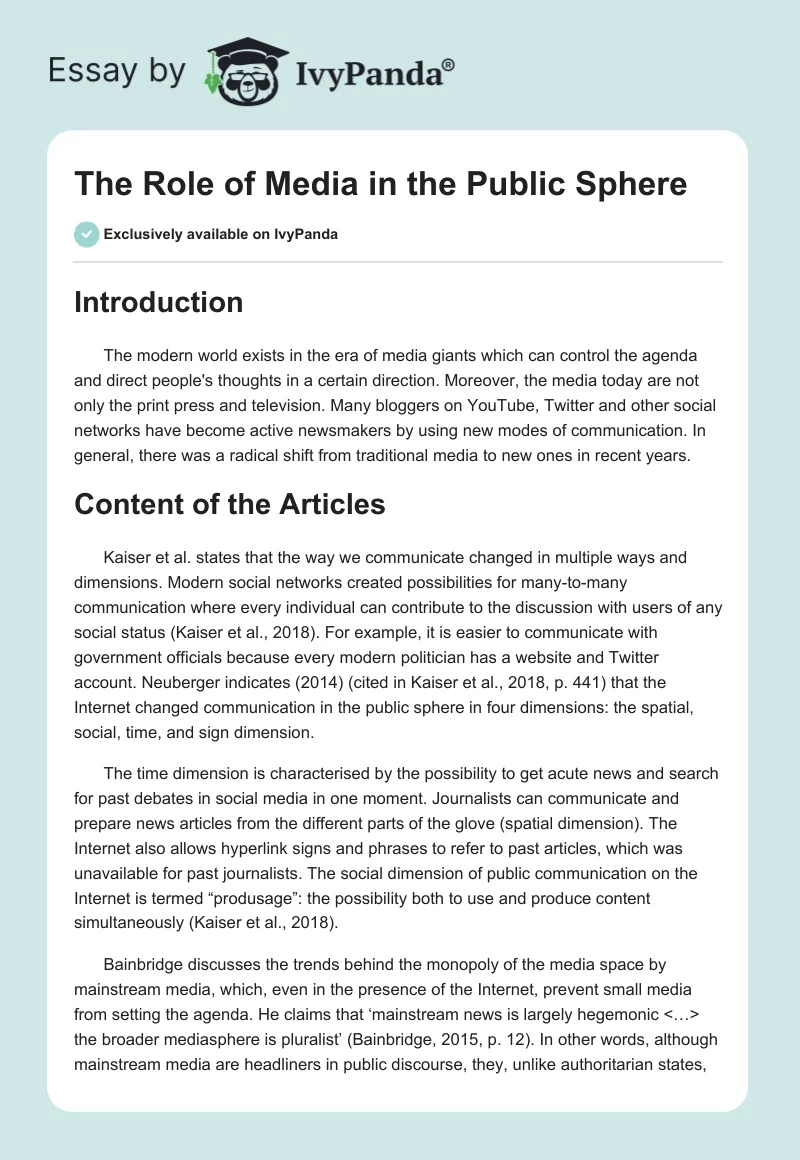 The Role of Media in the Public Sphere. Page 1