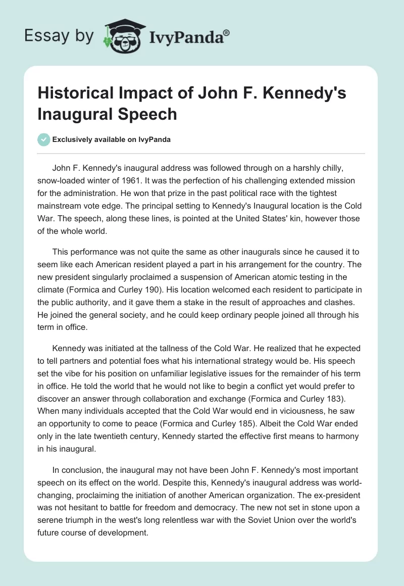 Historical Impact of John F. Kennedy's Inaugural Speech. Page 1