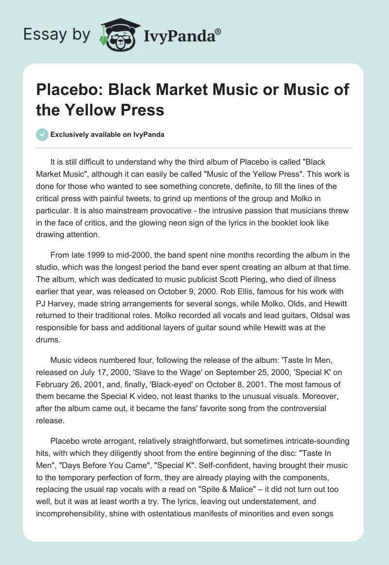 Placebo: Black Market Music or Music of the Yellow Press. Page 1