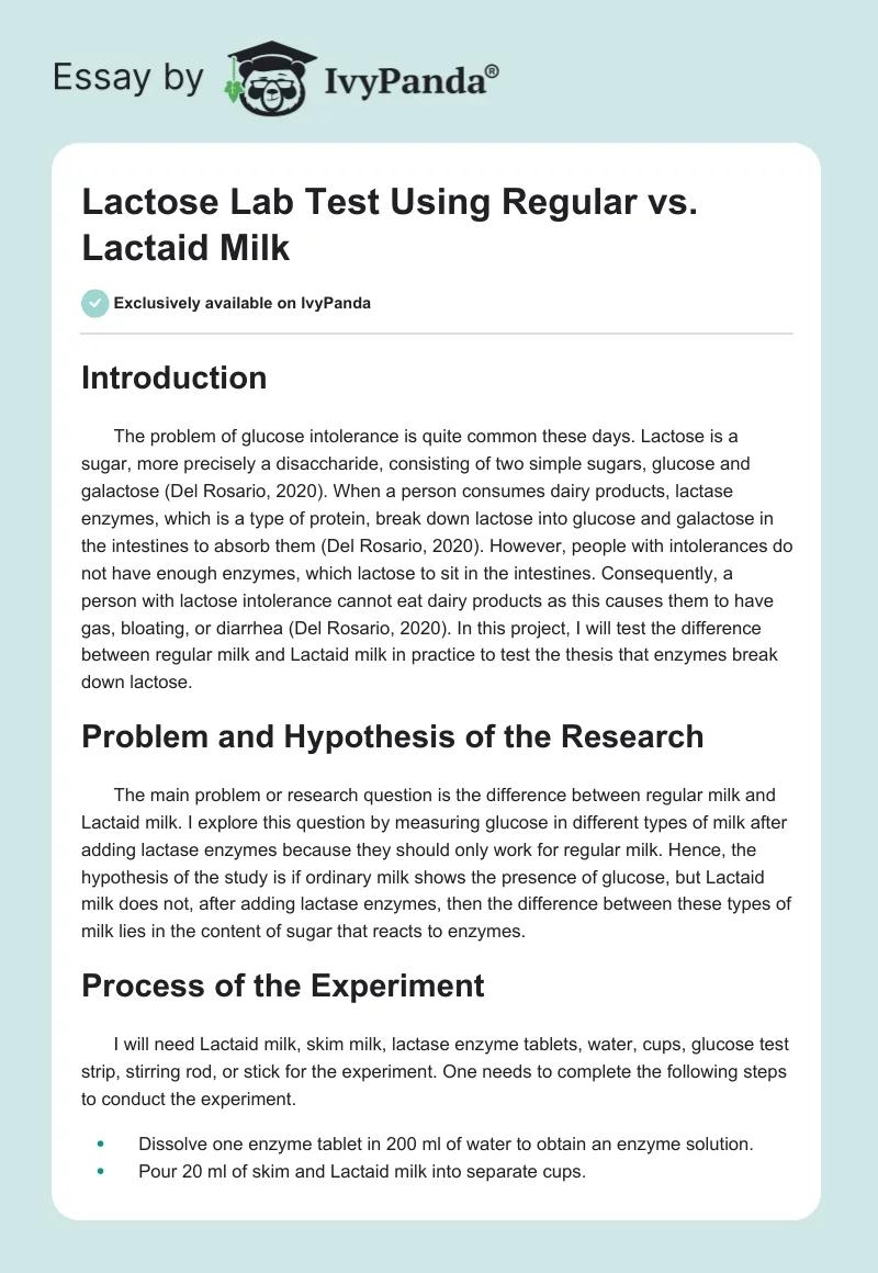 Lactose Lab Test Using Regular vs. Lactaid Milk. Page 1