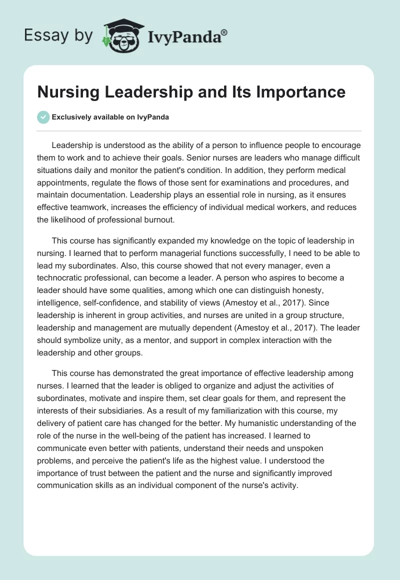 Nursing Leadership and Its Importance. Page 1