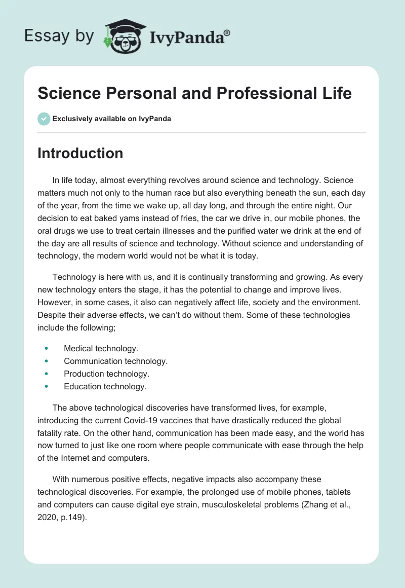 Science Personal and Professional Life. Page 1