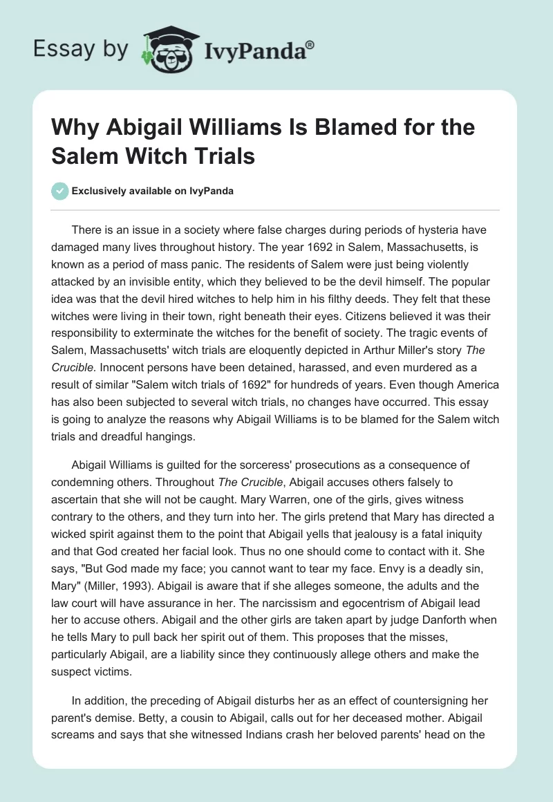 Why Abigail Williams Is Blamed for the Salem Witch Trials. Page 1
