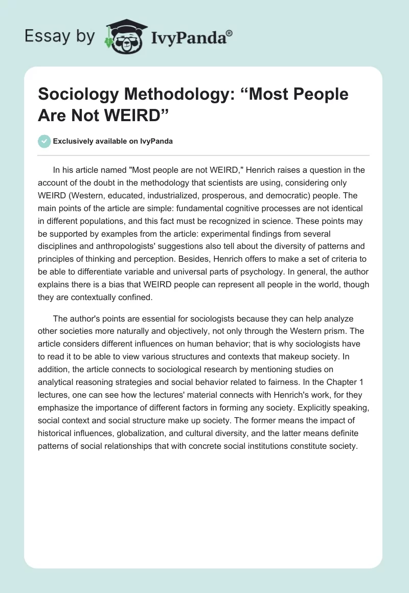 Sociology Methodology: “Most People Are Not WEIRD”. Page 1