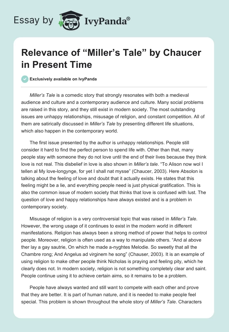Relevance of “Miller’s Tale” by Chaucer in Present Time. Page 1