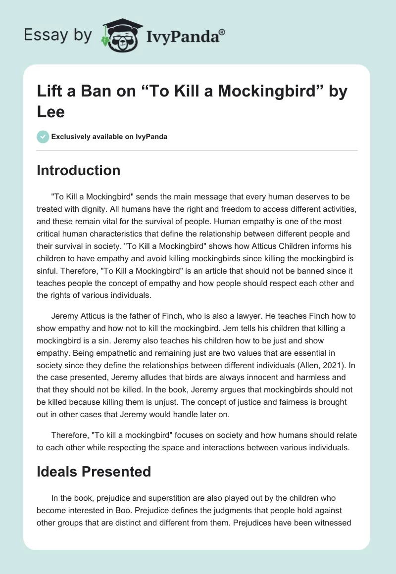 Lift a Ban on “To Kill a Mockingbird” by Lee. Page 1