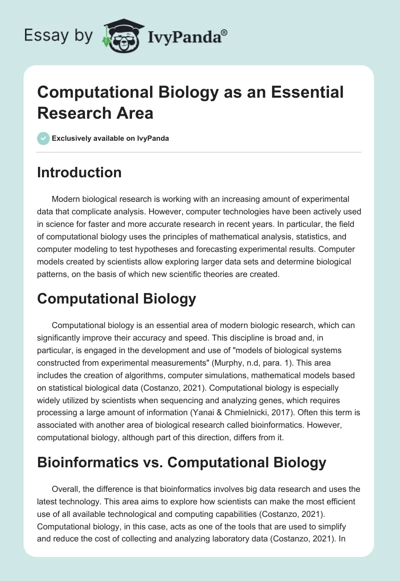 Computational Biology as an Essential Research Area. Page 1