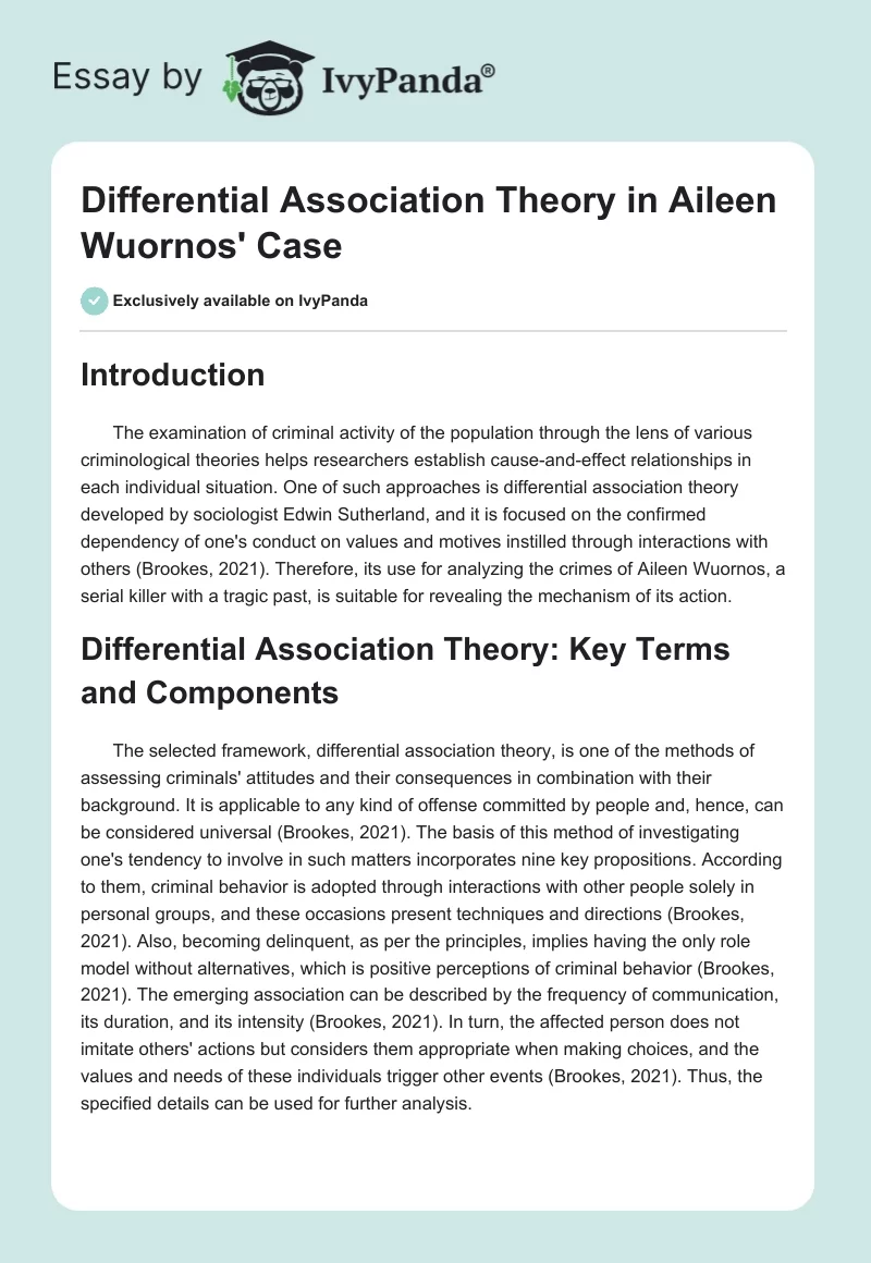 Differential Association Theory in Aileen Wuornos' Case. Page 1