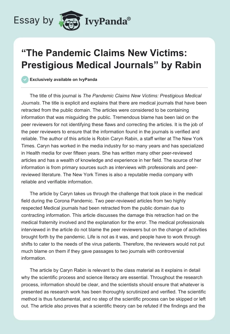 “The Pandemic Claims New Victims: Prestigious Medical Journals” by Rabin. Page 1