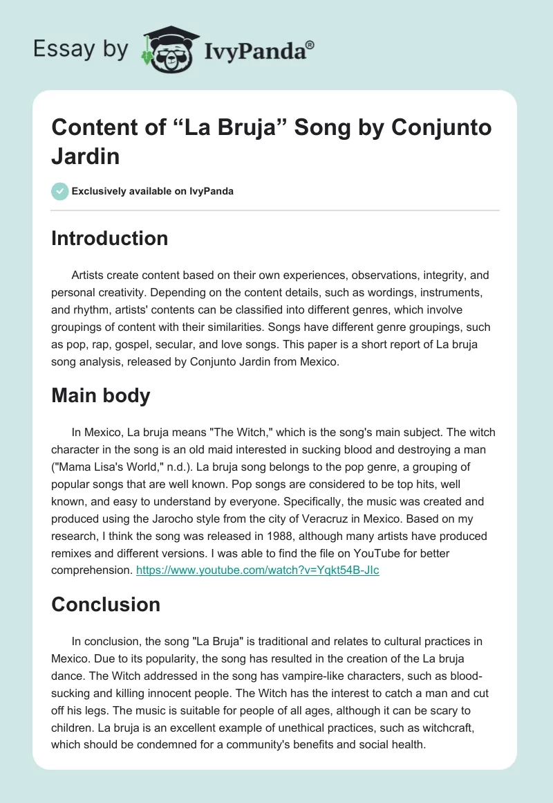 Content of “La Bruja” Song by Conjunto Jardin. Page 1