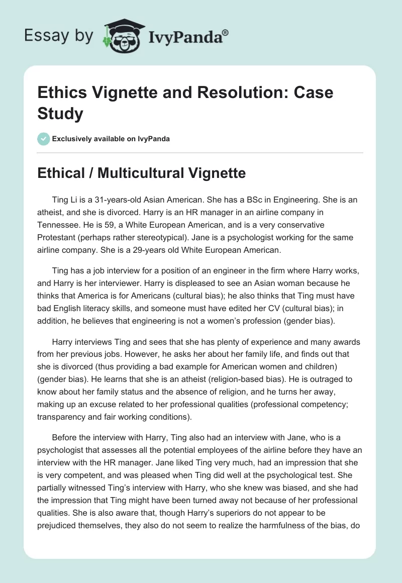 Ethics Vignette and Resolution: Case Study. Page 1
