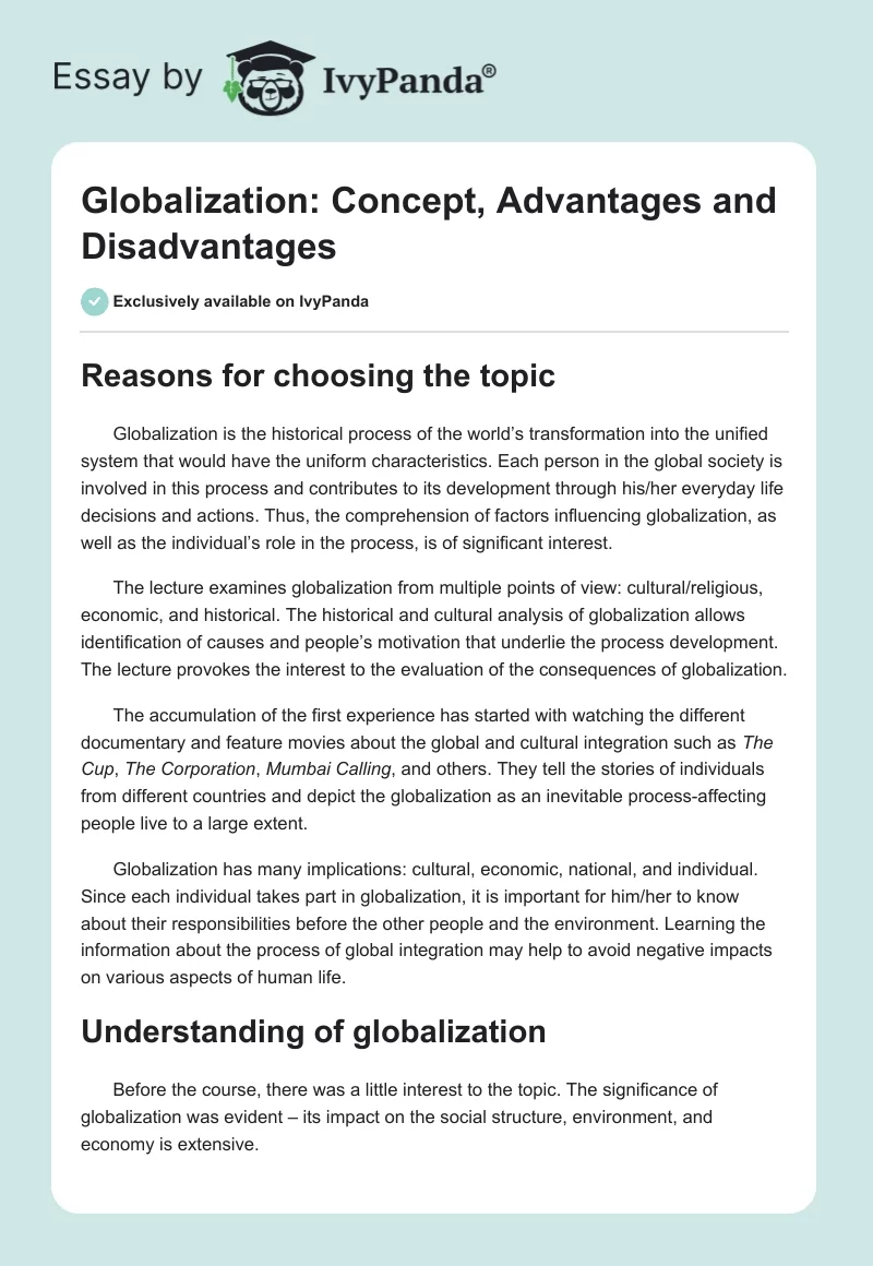 Globalization: Concept, Advantages and Disadvantages. Page 1