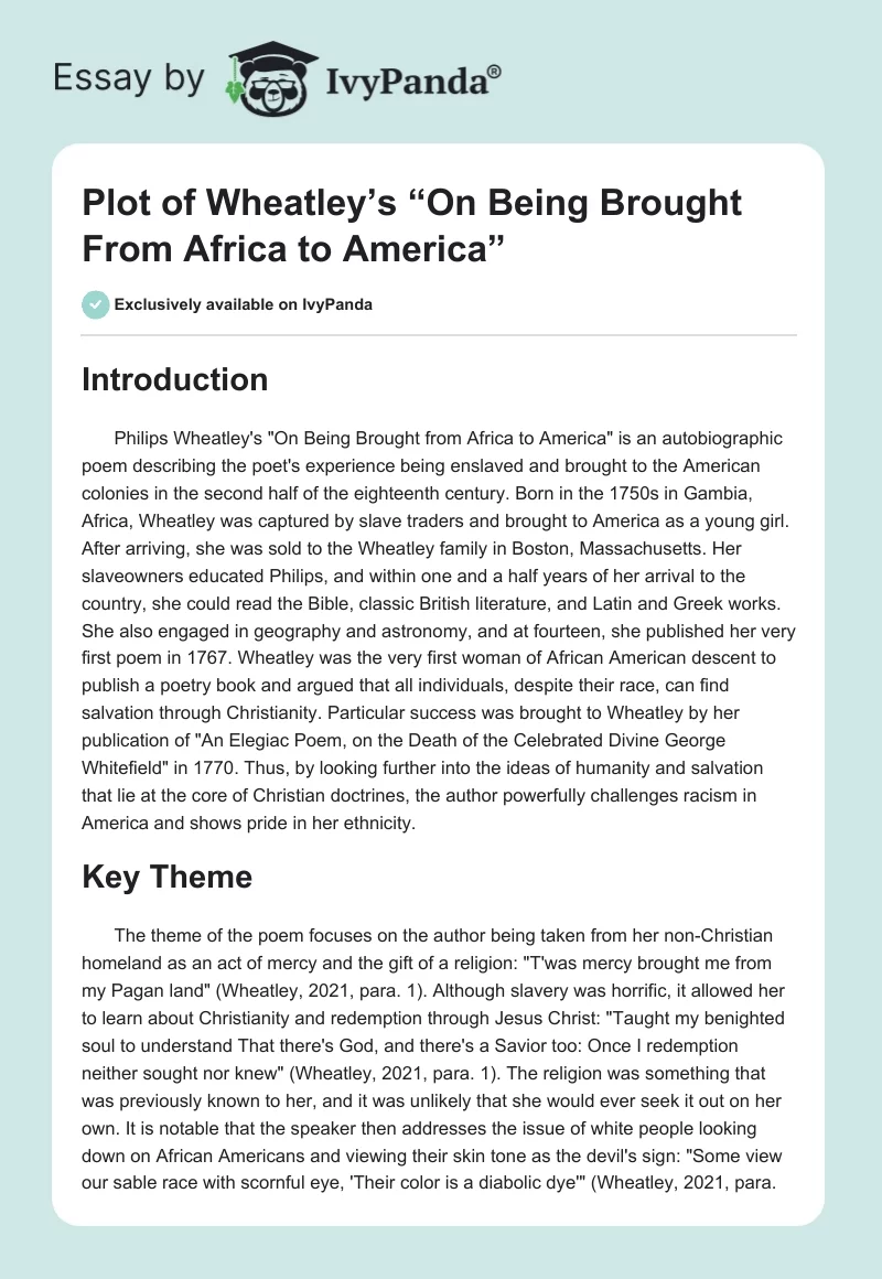 Plot of Wheatley’s “On Being Brought From Africa to America”. Page 1