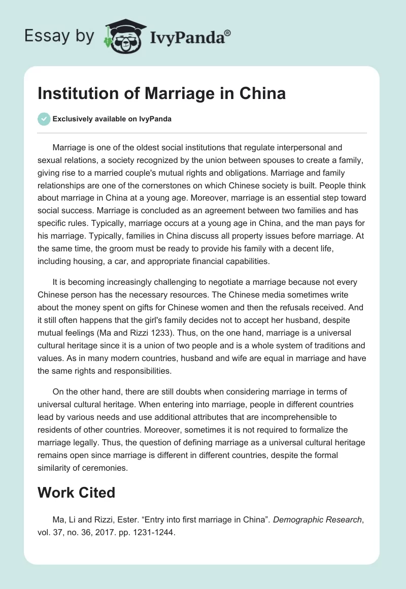 Institution of Marriage in China. Page 1
