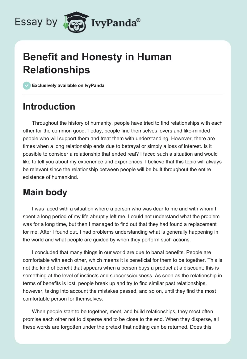 Benefit and Honesty in Human Relationships. Page 1
