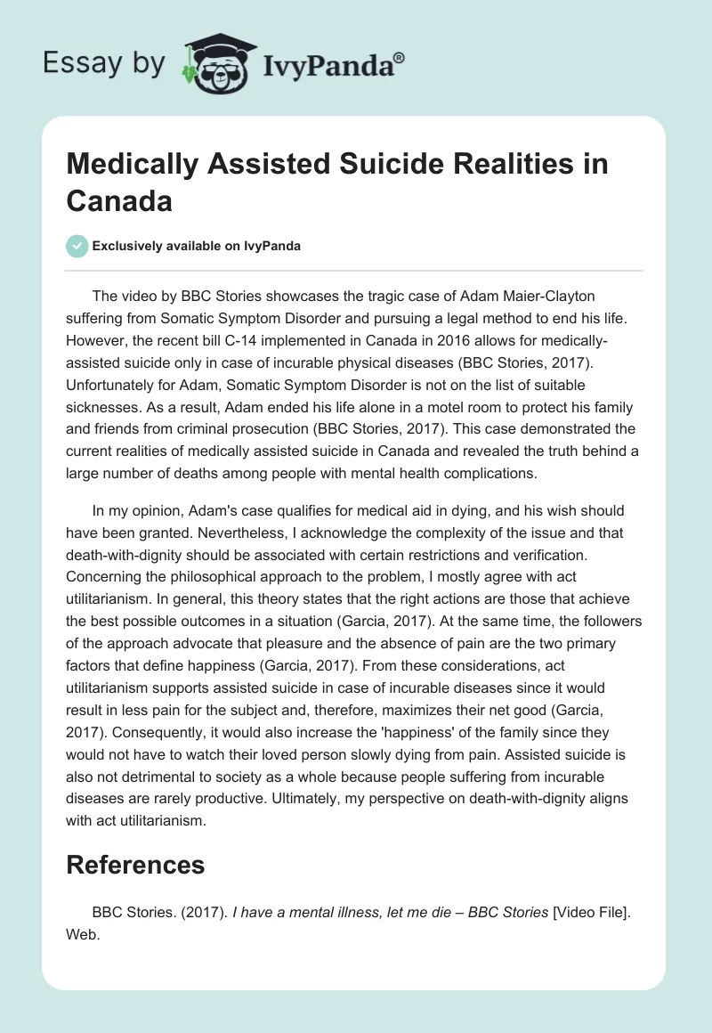 Medically Assisted Suicide Realities in Canada. Page 1