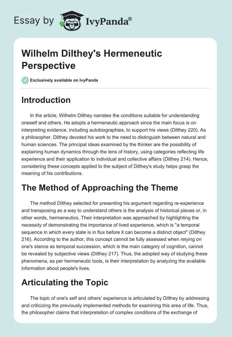 Wilhelm Dilthey's Hermeneutic Perspective. Page 1