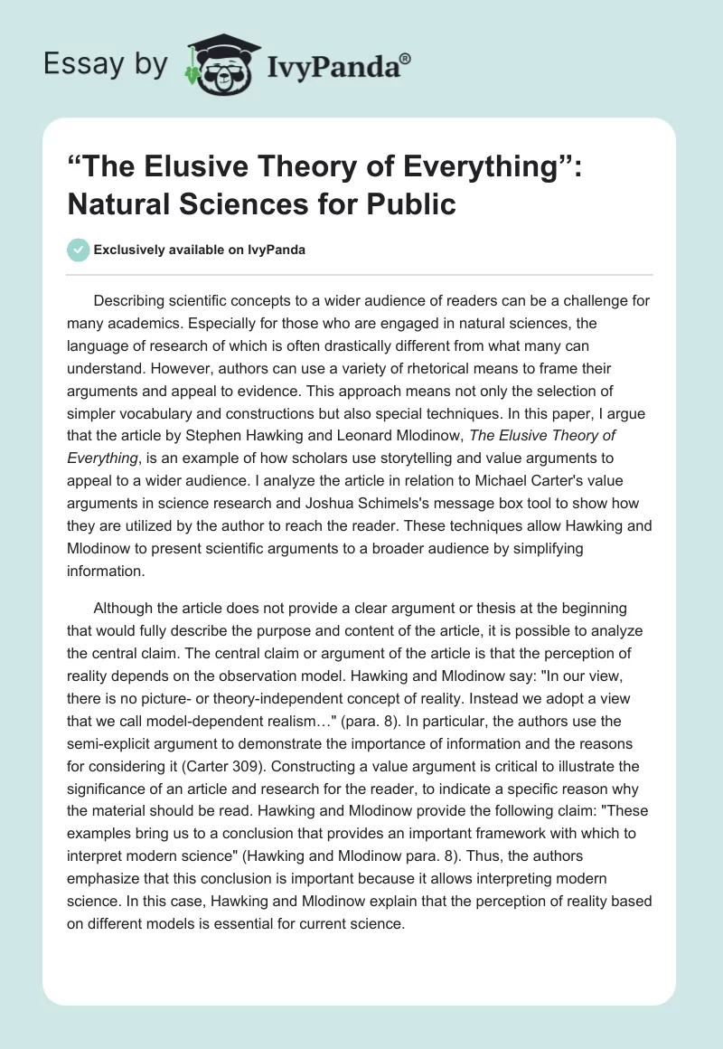 “The Elusive Theory of Everything”: Natural Sciences for Public. Page 1