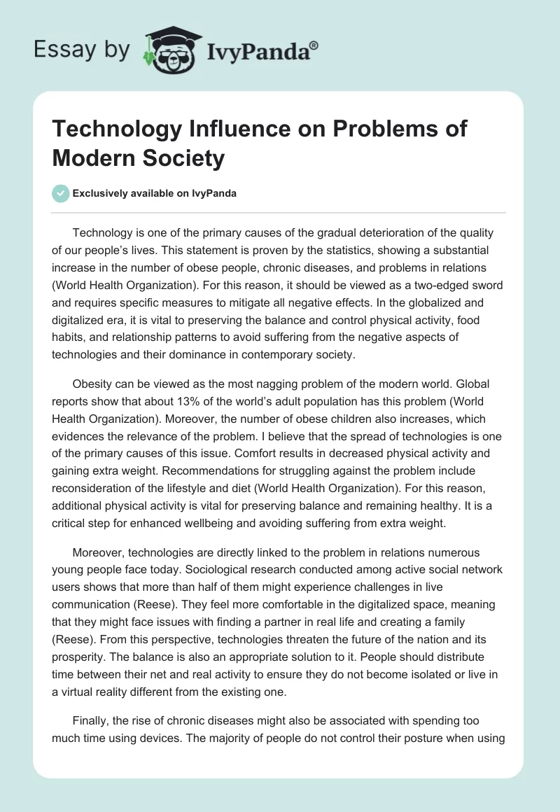 Technology Influence on Problems of Modern Society. Page 1