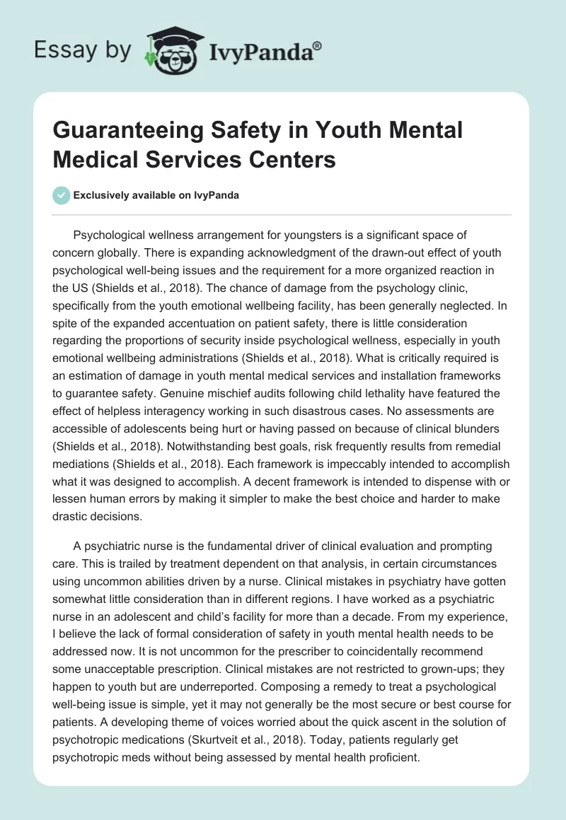 Guaranteeing Safety in Youth Mental Medical Services Centers. Page 1