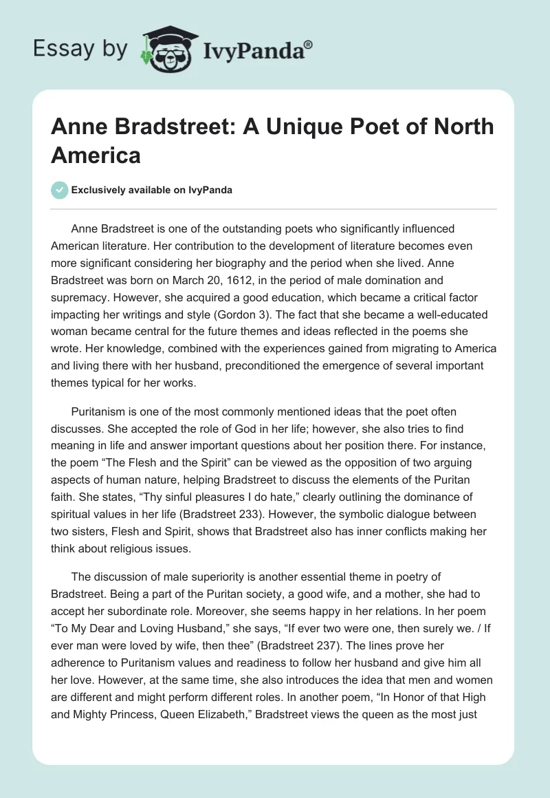 Anne Bradstreet: A Unique Poet of North America. Page 1