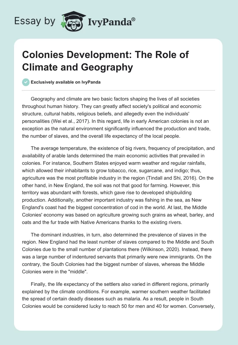 Colonies Development: The Role of Climate and Geography. Page 1