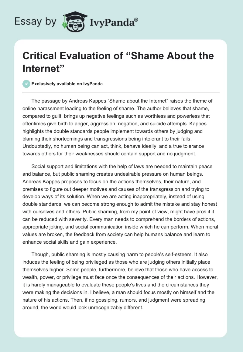 Critical Evaluation of “Shame About the Internet”. Page 1