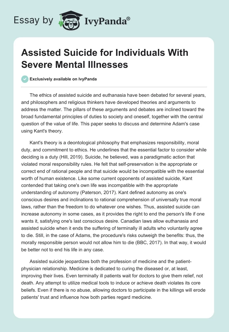 Assisted Suicide for Individuals With Severe Mental Illnesses. Page 1