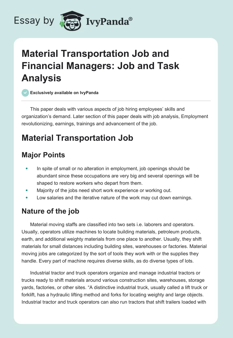 Material Transportation Job and Financial Managers: Job and Task Analysis. Page 1