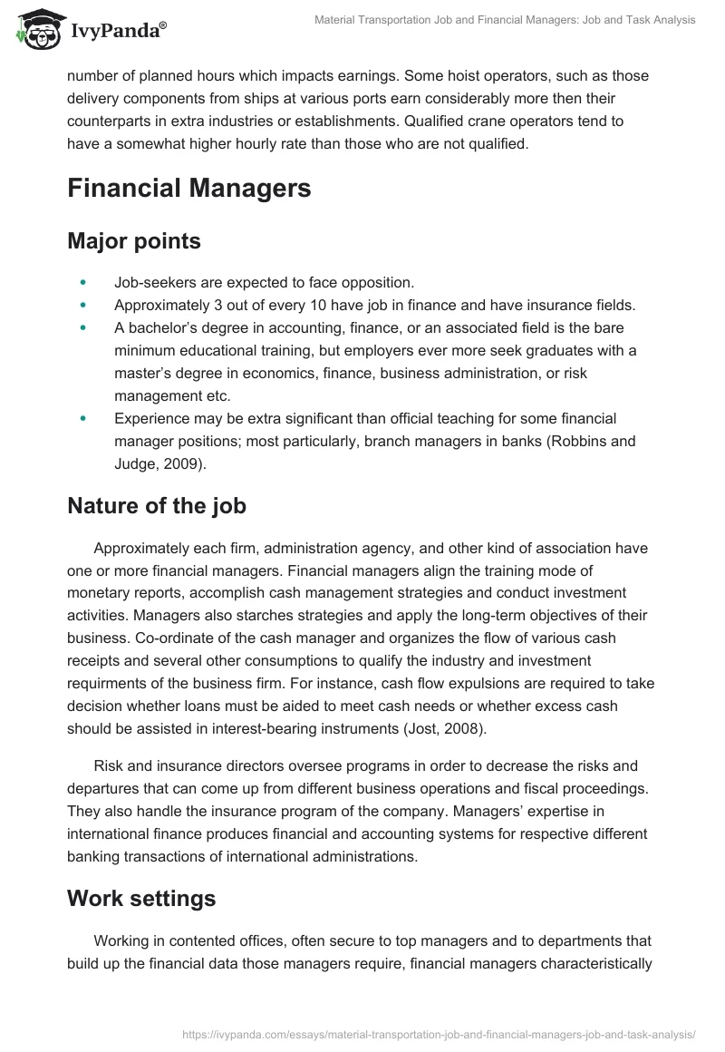 Material Transportation Job and Financial Managers: Job and Task Analysis. Page 4