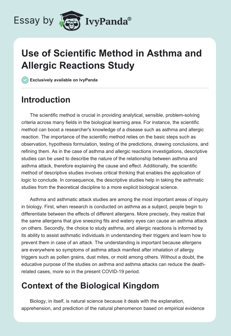 Use of Scientific Method in Asthma and Allergic Reactions Study. Page 1