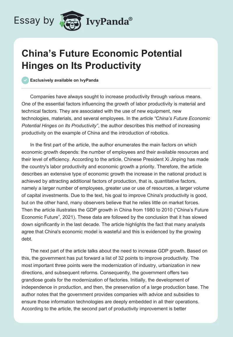 China’s Future Economic Potential Hinges on Its Productivity. Page 1