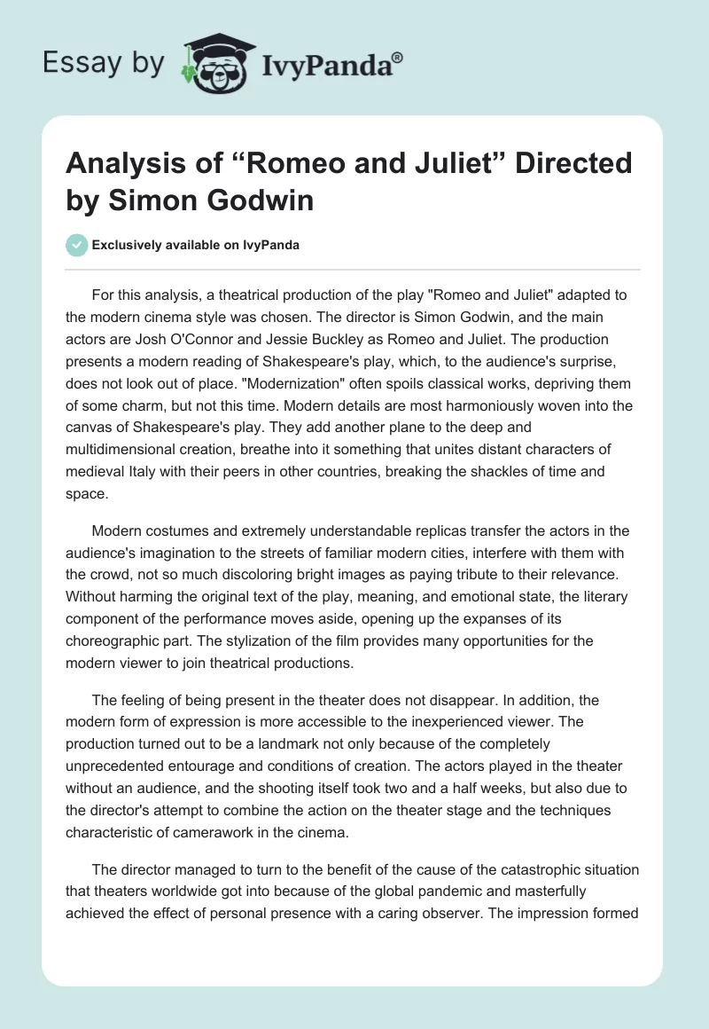Analysis of “Romeo and Juliet” Directed by Simon Godwin. Page 1