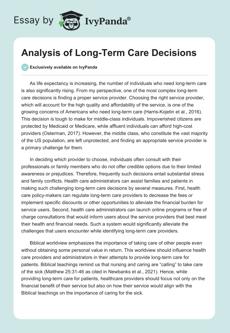 Analysis of Long-Term Care Decisions. Page 1