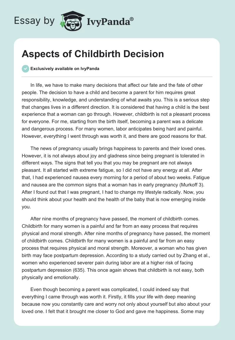 Aspects of Childbirth Decision. Page 1