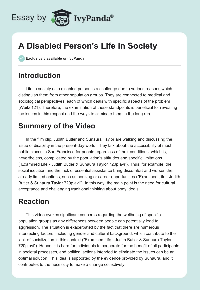 A Disabled Person's Life in Society. Page 1