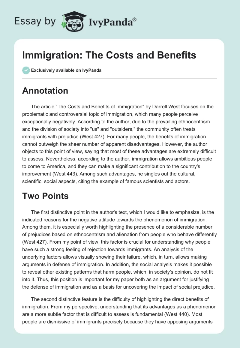 Immigration: The Costs and Benefits. Page 1