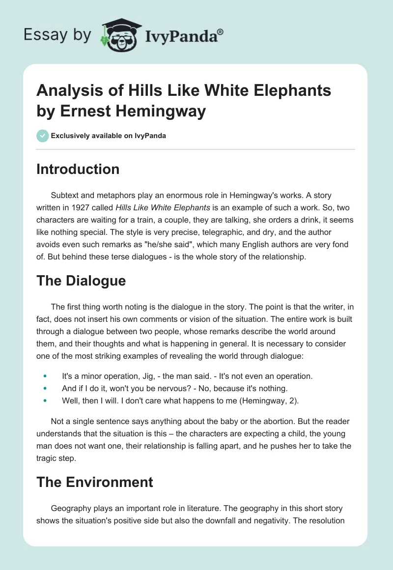 Analysis of "Hills Like White Elephants" by Ernest Hemingway. Page 1