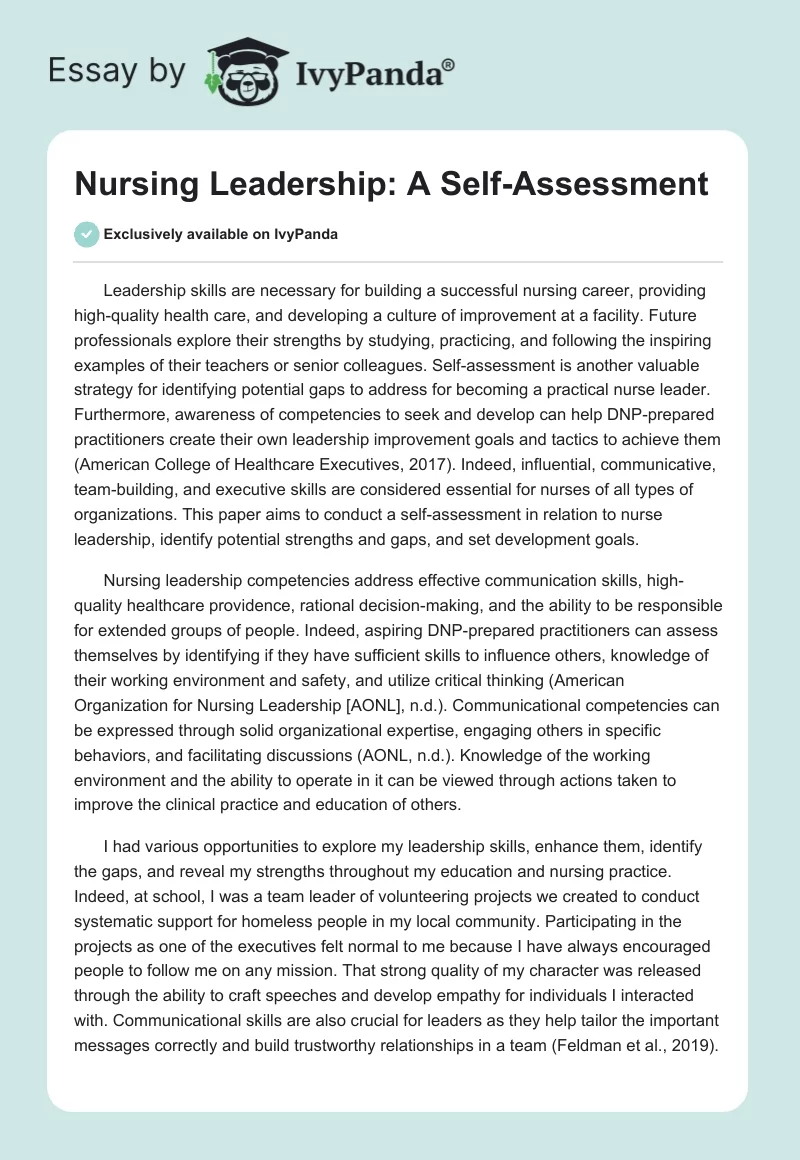 Nursing Leadership: A Self-Assessment. Page 1