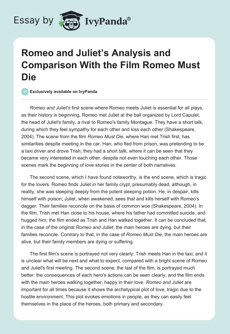 Romeo and Juliet’s Analysis and Comparison With the Film Romeo Must Die. Page 1